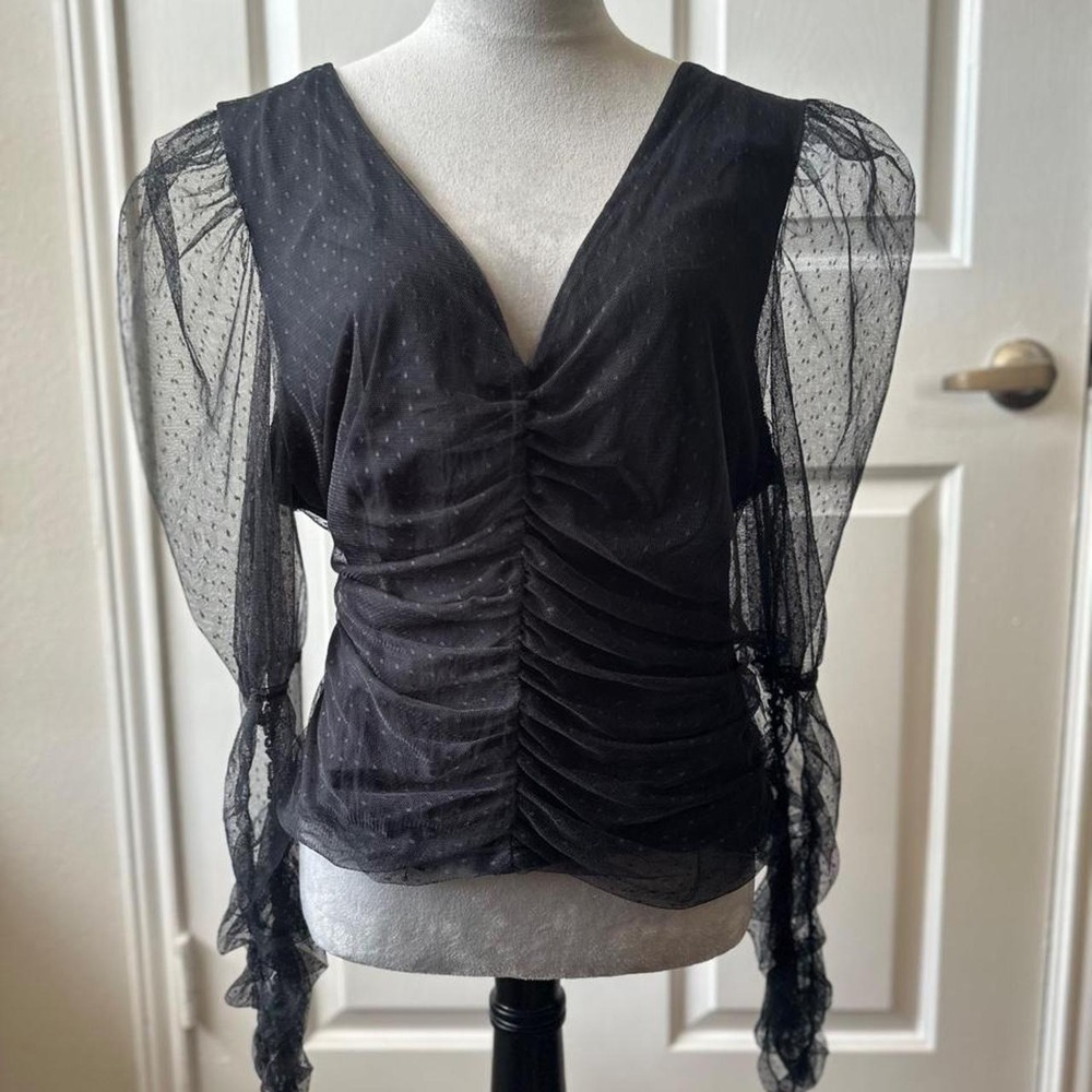 Maeve by Anthropologie Sheer Dot Mesh Ruched Puff Sleeve V Neck Top Black XL